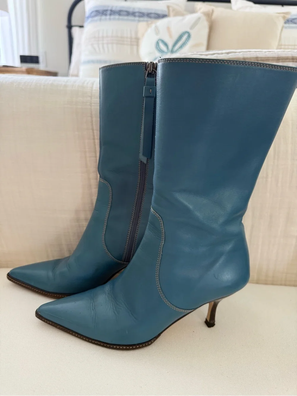 Coach Teal Pointed-Toe Leather Ankle Boots